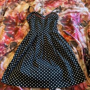 Black Polka Dot Dress with Red Trim, Sweet Heart Neck Line, A line skirt Size S